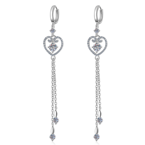 AZ121-E 925 Sterling Silver Heart Tassel Earrings 1 Carat Round Cut Moissanite Lab Diamond Drop Earrings Wedding Engagement Jewelry