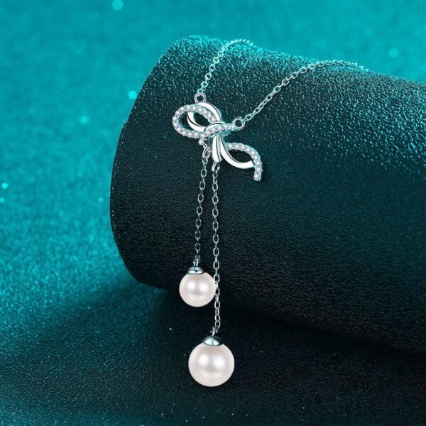 AZ885-X Diamond Pt950 Platinum Pearl Necklace with Bow Tassel Pendant and Collar Chain for Neck and Chest