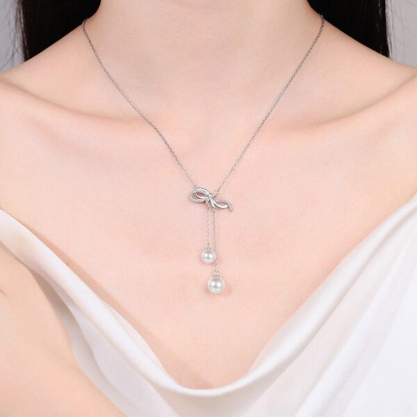 AZ885-X Diamond Pt950 Platinum Pearl Necklace with Bow Tassel Pendant and Collar Chain for Neck and Chest
