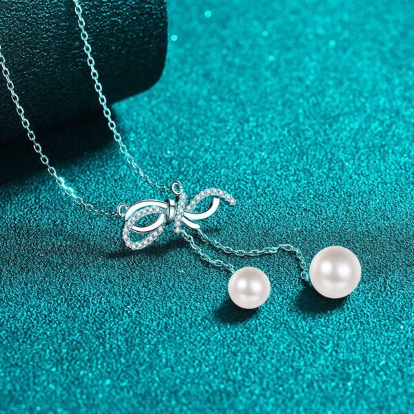 AZ885-X Diamond Pt950 Platinum Pearl Necklace with Bow Tassel Pendant and Collar Chain for Neck and Chest