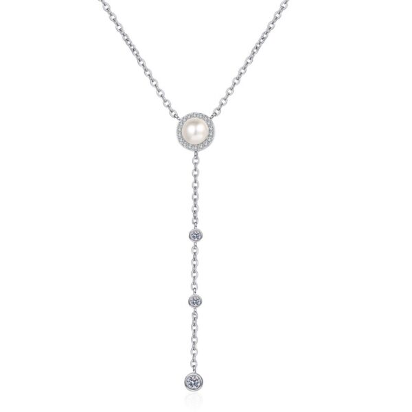 AZ793-X Full Moissanite Pendant Necklace for Women 925 Sterling Silver 8mm Natural Freshwater Pearl Long Tassel Chain Y Shaped Necklaces