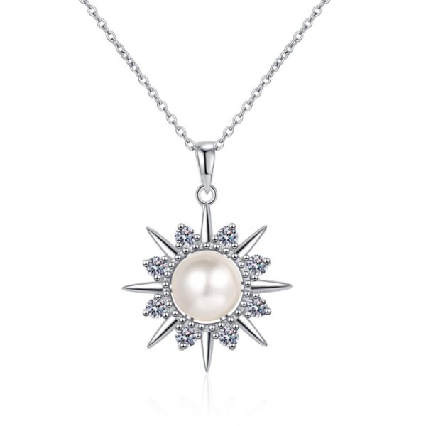 AZ792-X S925 Sterling Silver Necklace 8mm Pearl 0.3ct Moissanite Sunflower Pendant for Women