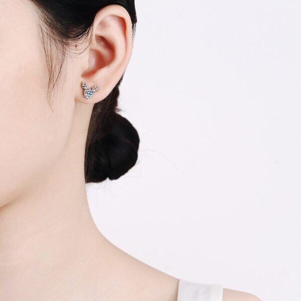 AZ461-E 925 Sterling Silver Antler Earrings 1CT Moissanite Stud Earrings Round Diamond Cute Elk Stud Earrings for Women Christmas Gifts